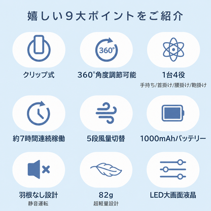 360°送風・超軽量クリップ式ポータブルファン